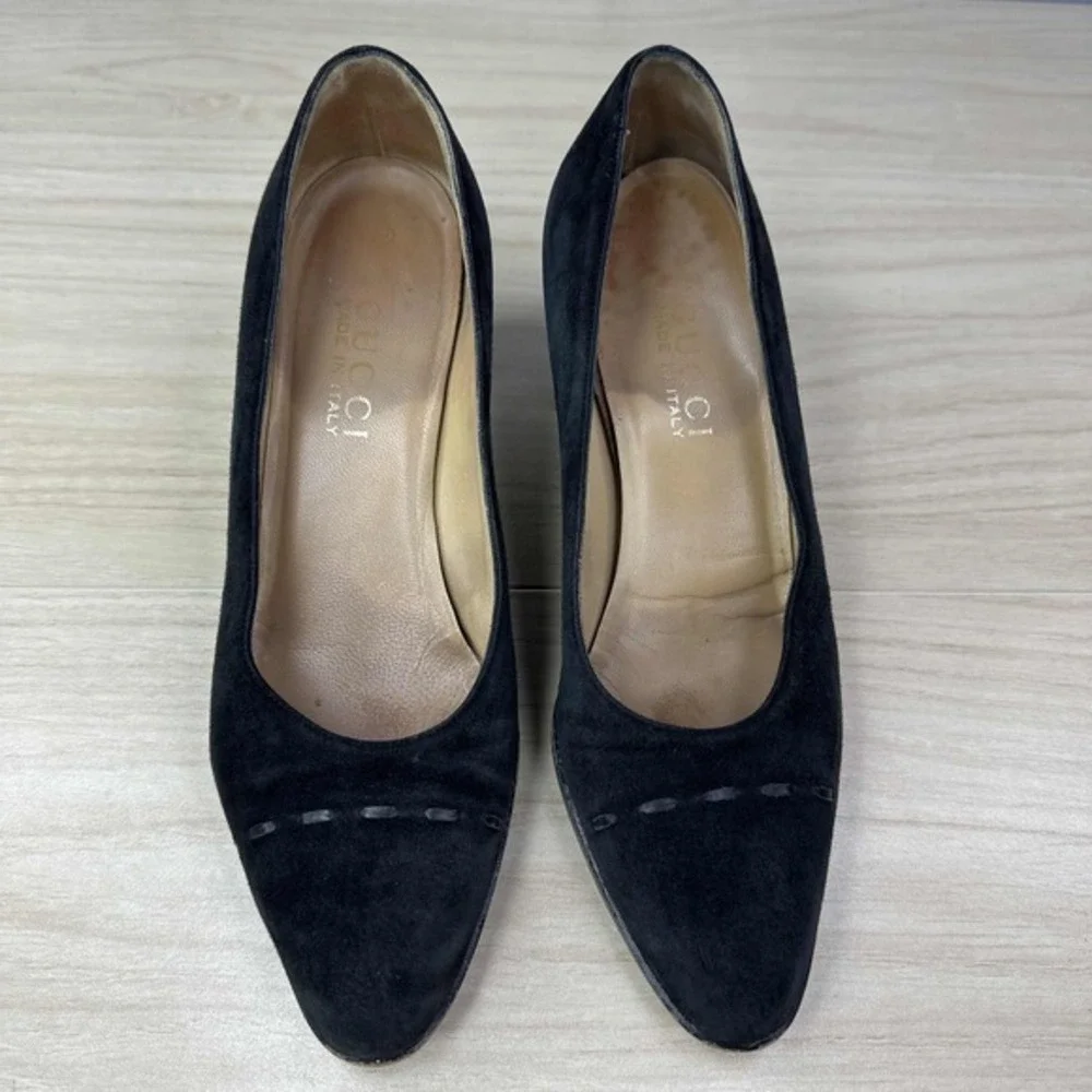 Gucci Shoes Women Size 5.5 Black Suede Vintage Slip On Dressy Office Chunky Heel
